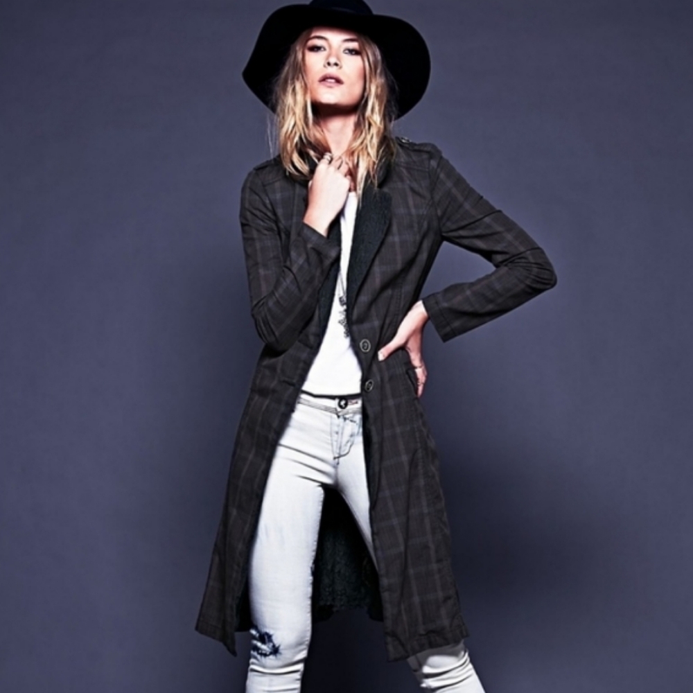 Free People Retro Plaid Lace Blazer Coat Jacket - Picture 3 of 11